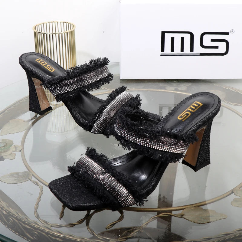 Denim women slippers 2025 new rhinestone plush stiletto heels women outdoor fashion women's slippers Luxury elegant women shoes