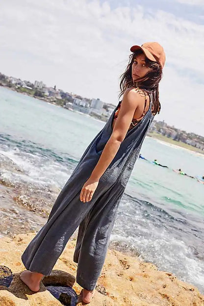 Women Summer Boho Jumpsuit Overalls Solid Ethnic Style Square Neck Sleeveless Casual Jumpsuit Pockets Loose Pants Jumpsuits 2024
