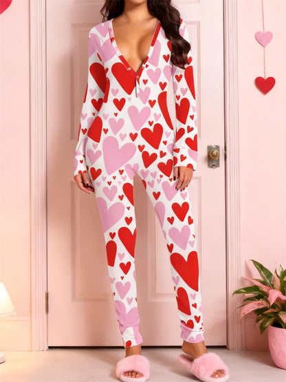 Christmas Women's Jumpsuit Pajamas Long Sleeve V Neck Themed Print Bodysuit Sleepwear with Drop Seat Butt Flap
