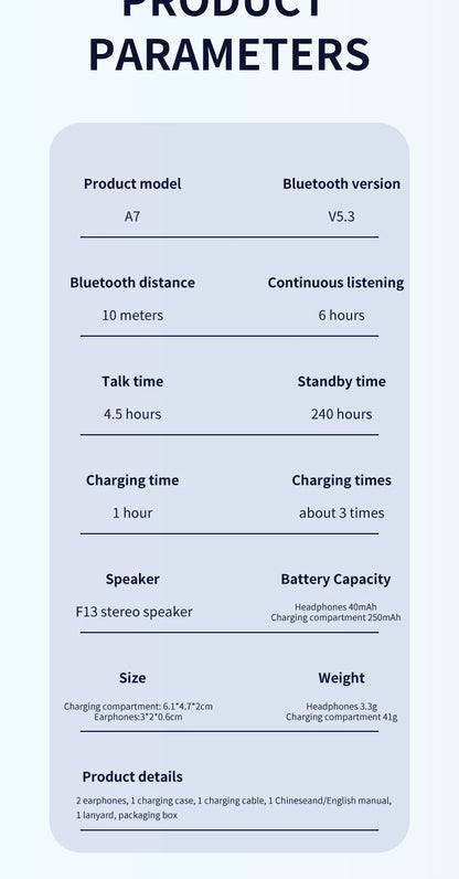 2026 A7 Pro Wireless Bluetooth Earphones TWS Headset HiFi Earbuds Noise Reduction Headphones Waterproof For IPHONE Android