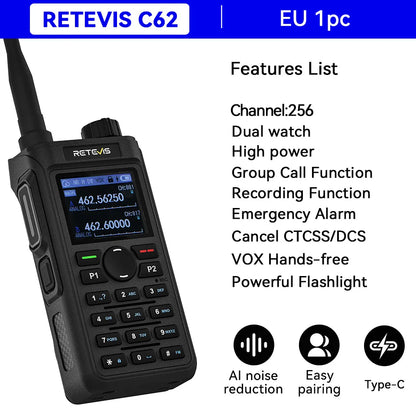 Retevis C62/C2/C22 Walkie Talkie Long Range Communication Radio VHF UHF Ham Radio Station Noise Reduction Group Call Camping