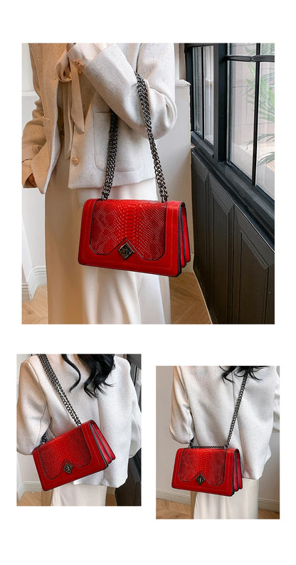 Leather Shoulder Bag Chain Purse for Women - Fashion Crossbody Bags Vintage Snake Print Underarm Bag Square Satchel Handbag