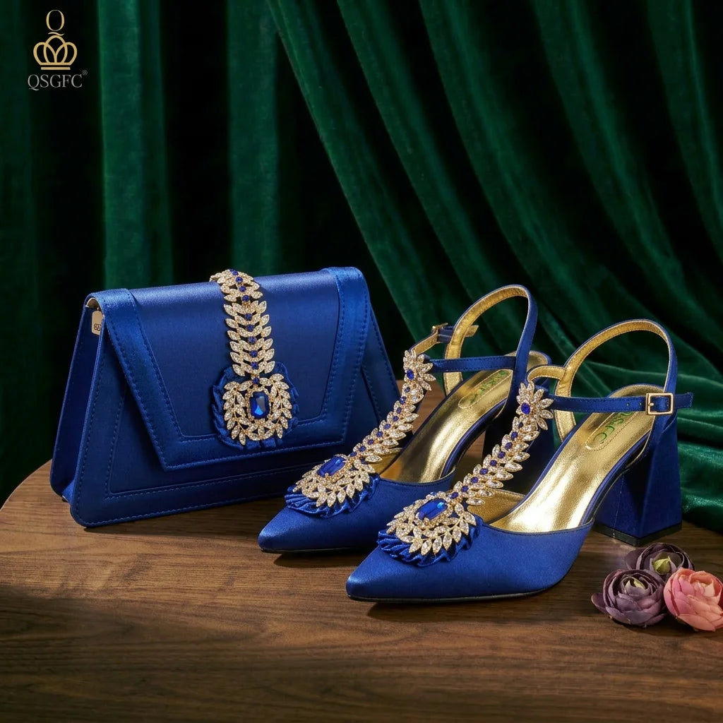 QSGFC Italian Popular Design Royal Blue Noble Three Dimensional Handbag Elegant High Heels African Ladies Shoe Bag Matching Set