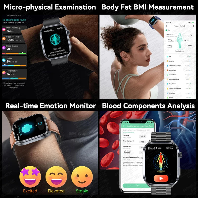 2026New ECG+PPG Clock Health Trackr 2.0 inch Uric Acid Blood lipids Pressure Smart Watch Body Analysis Voice call Smartwatch Men