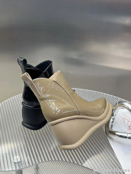 Fashion Height Increasing Wedges Ankle Boots Women Pointed Toe Platform Slip On Solid Leather Boots 2025 Simple Comfortable Boot