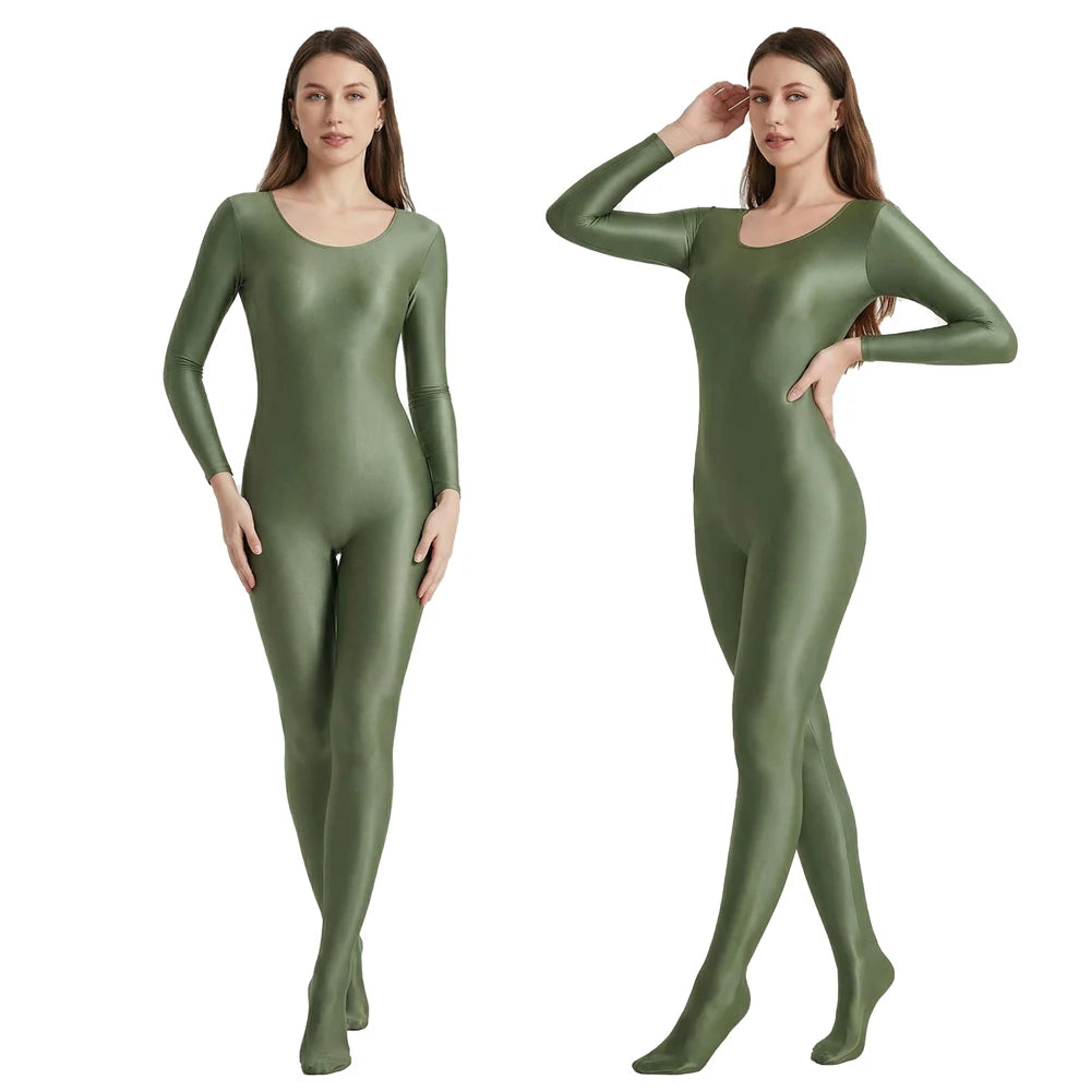 Women's Smooth Glossy High-Elastic Round Neck One Piece Catsuit Long Sleeve Zentai Jumpsuits Cosplay Performance Tights Bodysuit