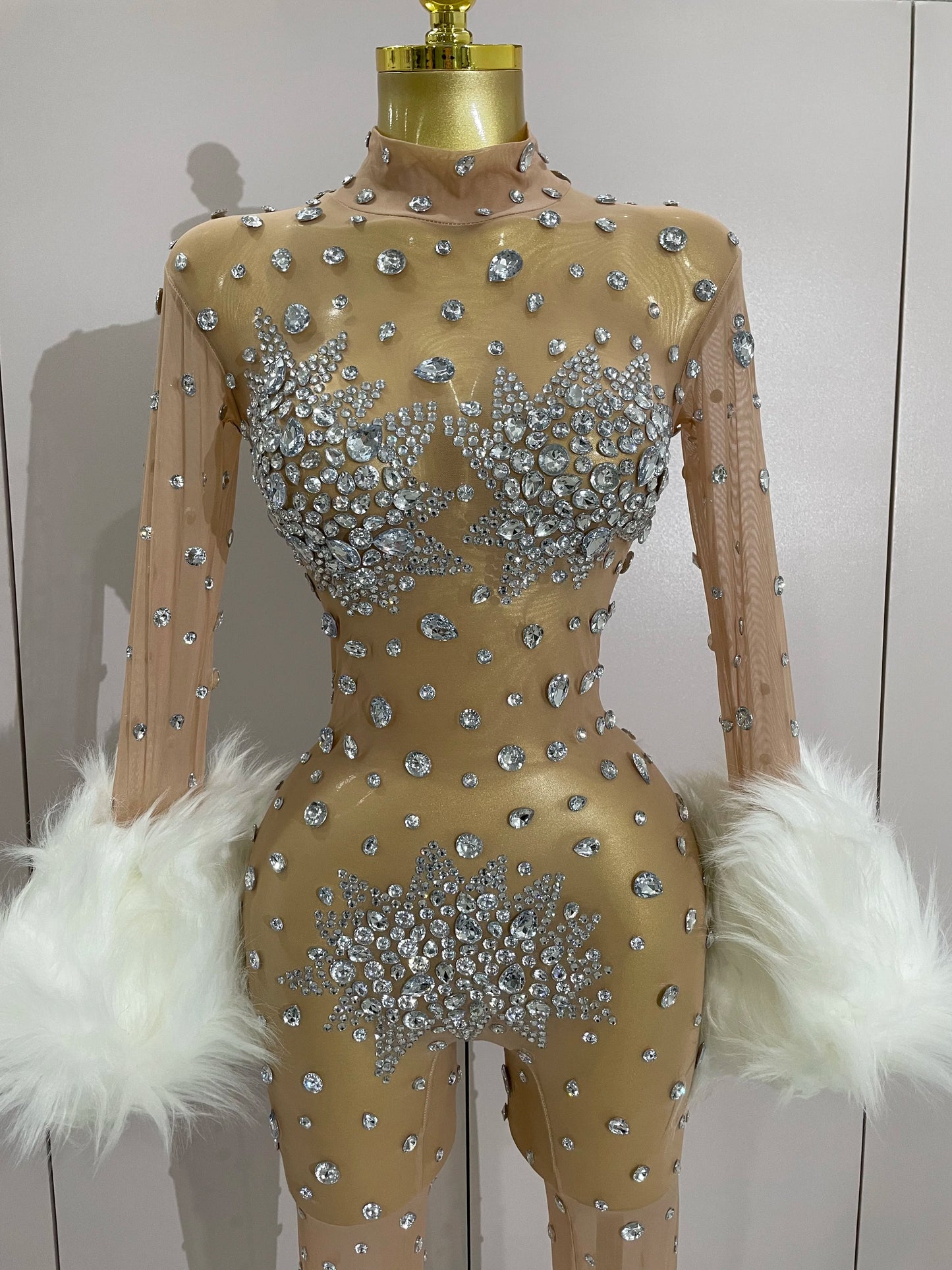 STOCK Luxury Diamond Black Mesh Transparent Stretchy Long Sleeve Jumpsuit Women Sexy Performance Singer Costume Nightclub Outfit