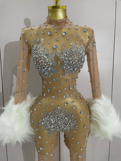 STOCK Luxury Diamond Black Mesh Transparent Stretchy Long Sleeve Jumpsuit Women Sexy Performance Singer Costume Nightclub Outfit