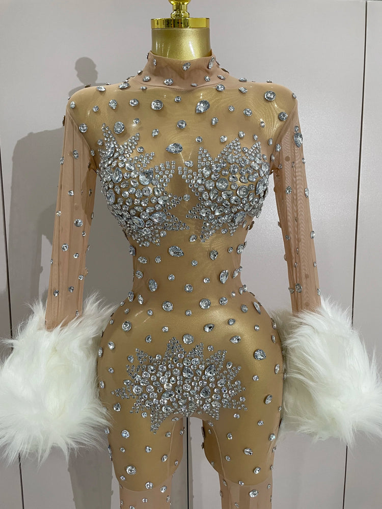 STOCK Luxury Diamond Black Mesh Transparent Stretchy Long Sleeve Jumpsuit Women Sexy Performance Singer Costume Nightclub Outfit