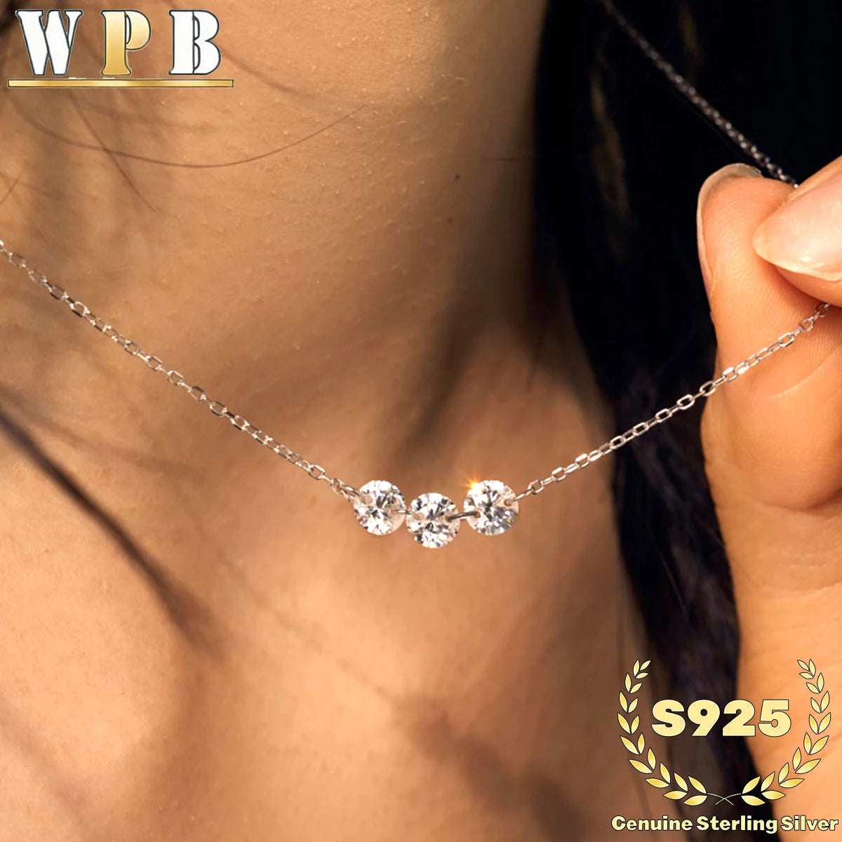 Genuine S925 Silver 3 Sparkling Zircon Necklace Dainty Sliding - Adjustable Length  Minimalist Luxury Jewelry for Men and Women