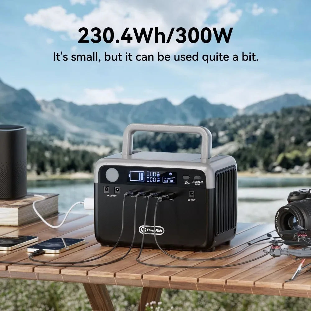 230.4Wh LiFePO4 300W (Peak 600W) Solar generator AC Outlets Portable Power Station,Power Bank, Battery Backup for Hurricane Emergency/Outdoor Camping/RVs/Home Use，Home backup outdoor camping mobile power bank ﻿
