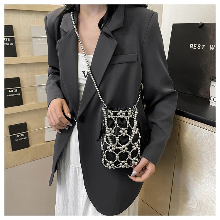 White Beading Bucket Shoulder and Crossbody Bags Exquisite Sense of Luxury Fresh Party Handbags for Women 2024 Fashion on Sale
