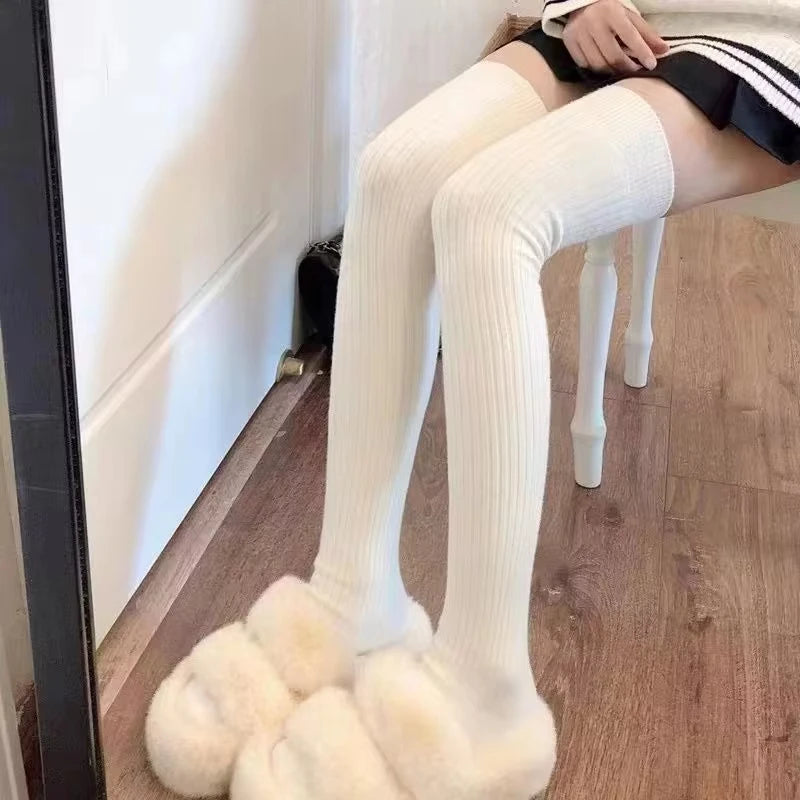 Autumn Winter Women's Stockings Girls Black White JK Lolita Long Tight Socks Vertical Stripes Cotton Over Knee Thigh High Socks