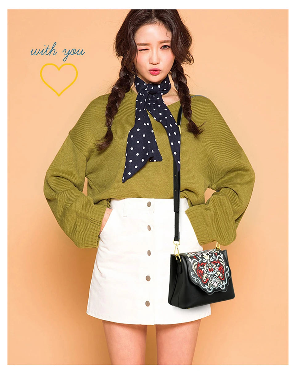 Fashion Embroidery Shoulder Bag Women Designer High Quality Leather Handbag Purse Ladies Small Crossbody Messenger Bag Female