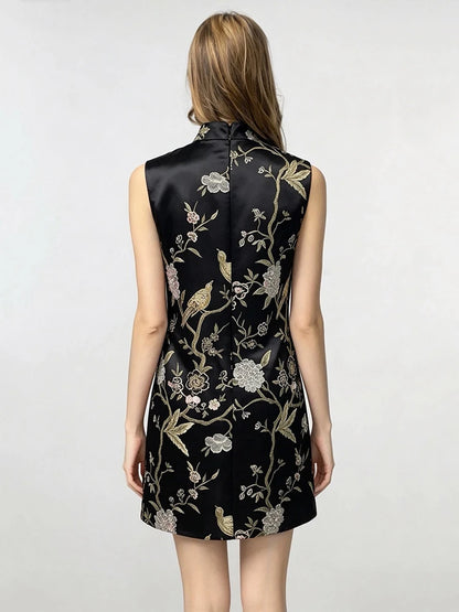 Elegant Black Stand Collar Frog Button Qipao Bird Beaded Jacquard Sleeveless Tank Dress for Women Autumn Party Vintage Chic Gown