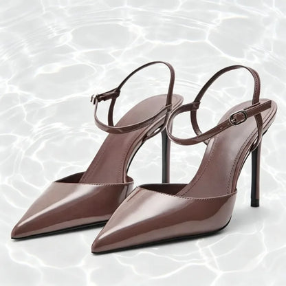 Fashion Brown Patent Leather Pointed Toe High Heels Women Luxury Ankle Strap Buckle Stiletto Sandals Elegant Banquet Dress Shoes