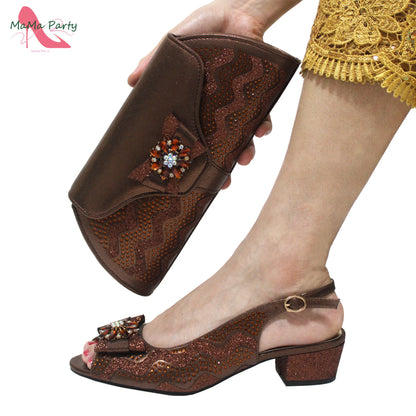 Golden Elegant Ladies Shoes Matching Bag Set Slingbacks Peep Toe Low Heels Fashion New Design Italian for Wedding