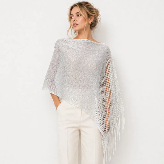 Spring/Summer Cross-Border Gold Silver Thread Mesh Tassel Hollow Knit Shawl Scarf for Women-Outerwear for Evening Parties