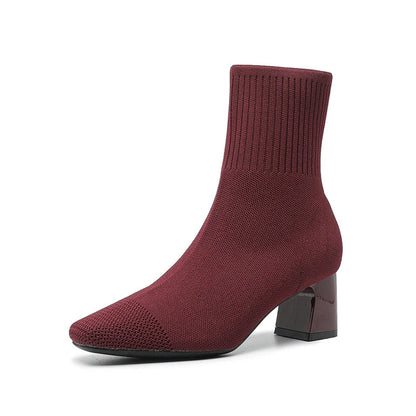 Black Square Toe Knit Sock Boots Elastic Slim Thick Block Heel High Heels Short Boots Fashion Autumn Casual Skinny Ankle Boots
