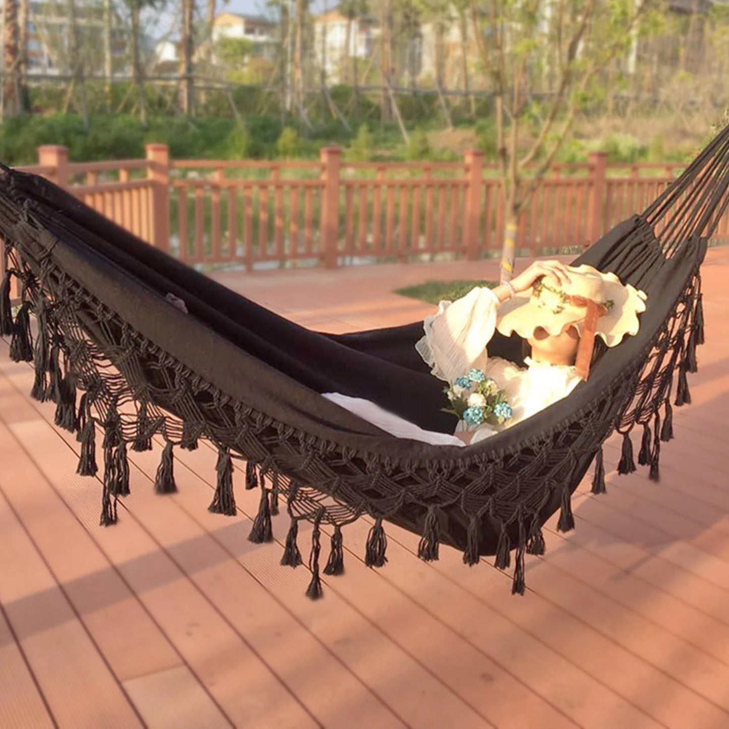 Macrame Fringe Hammock Boho Balcony Hammock Handmade Tassels Hammock 2 Person Double Hammock for Home Outdoor Backyard Beach