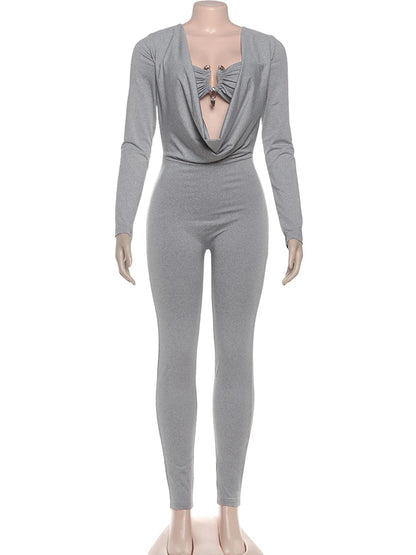 Sisterlinda Swinging Neck Slim Jumpsuits Sexy Hot Solid Cleavage Full Sleeve Elastic Overalls+Inside Chest Tanks Mujer Clubwear