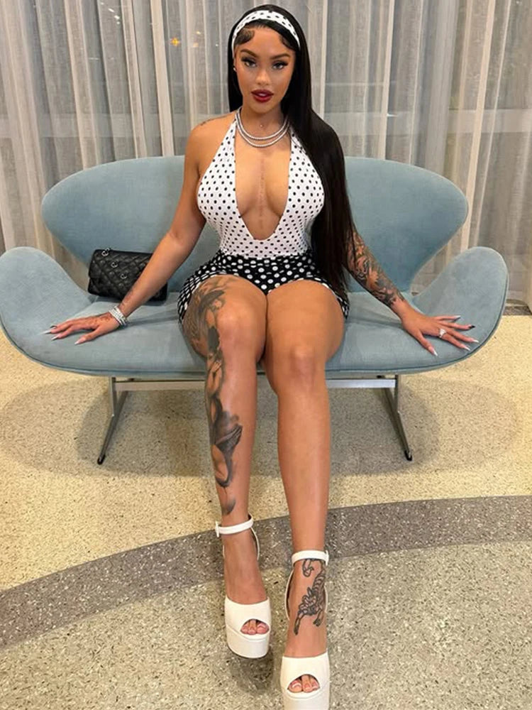Weird Puss Polka Dots Print Patchwork Halter Backless Playsuit Summer Women's Suit Sexy Stretch Woman Jumpsuits and Rompers
