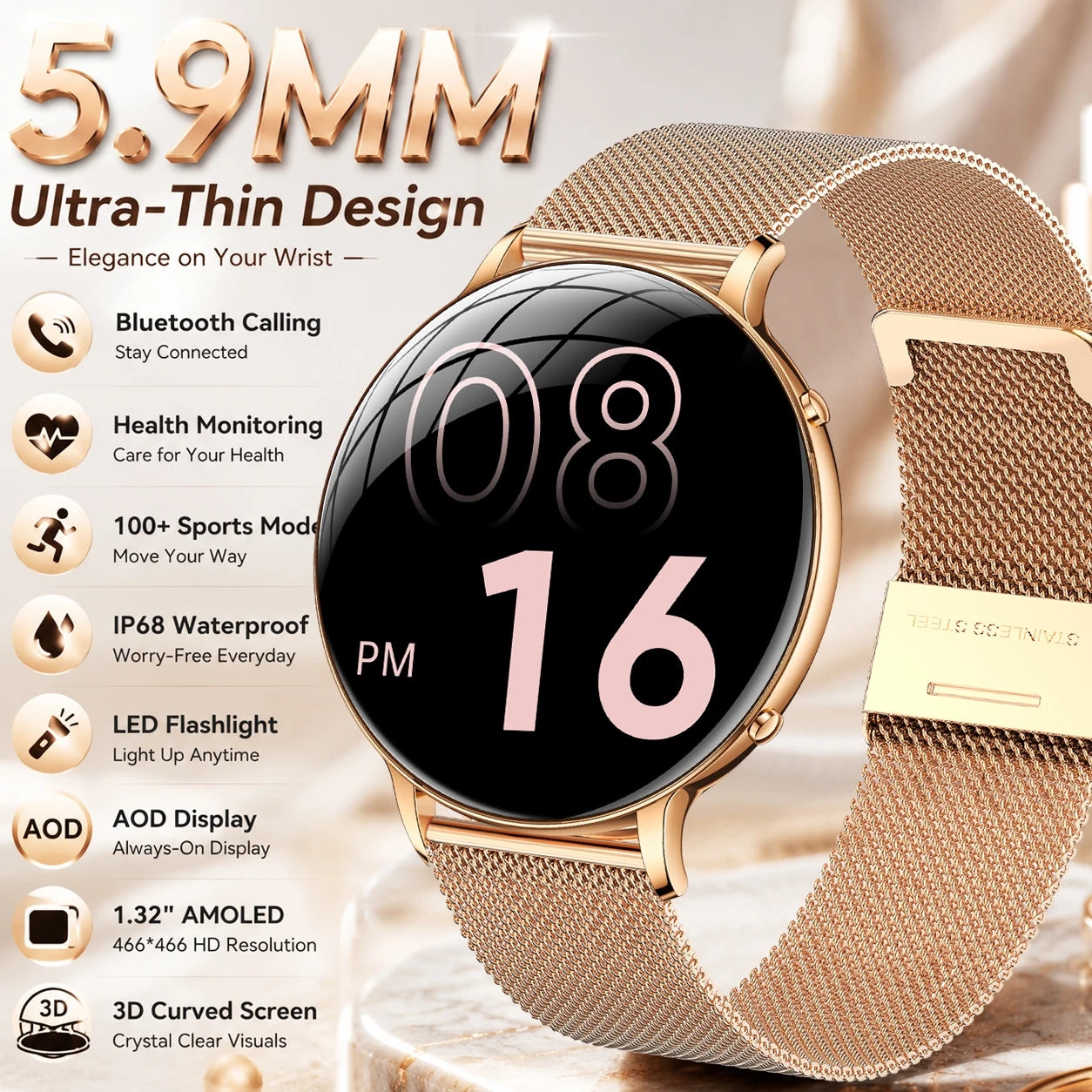 2026 Ultra-Thin Women Smart Watch AMOLED HD GPS Track Always-On Time Display LED Flashlight Bluetooth Call Waterproof Smartwatch
