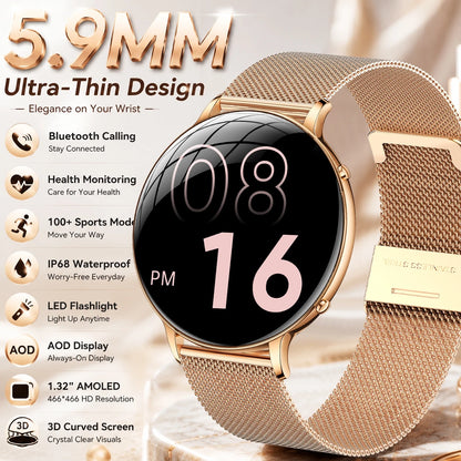 2026 Ultra-Thin Women Smart Watch AMOLED HD GPS Track Always-On Time Display LED Flashlight Bluetooth Call Waterproof Smartwatch