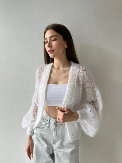 Women Knitting Cardigan 2026 New Women Mohair Knit Cardigan Hollow Out Sheer Long Sleeve Casual Knitted Outerwear Sweater