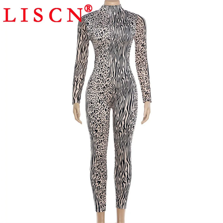 10 Bulk Items Wholesale Lots Jumpsuits Women Long Sleeve Bodycon Sexy Y2k Leopard Printing O-neck Rompers Streetwear K17649