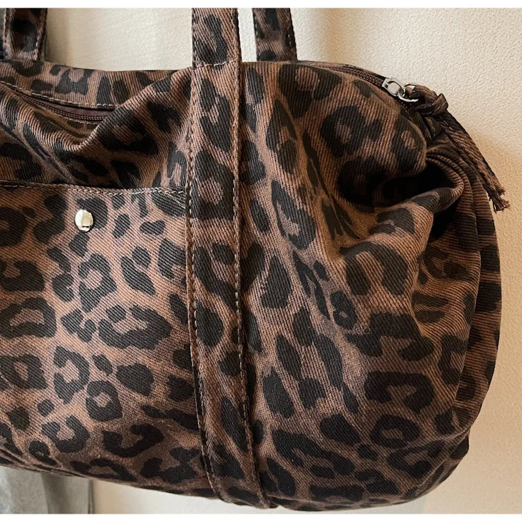 Trendy Leopard Print Canvas Shoulder Bag Large Capacity Fashion Tote Handle Bag for Daily Commute Versatile Texture Storage Bags