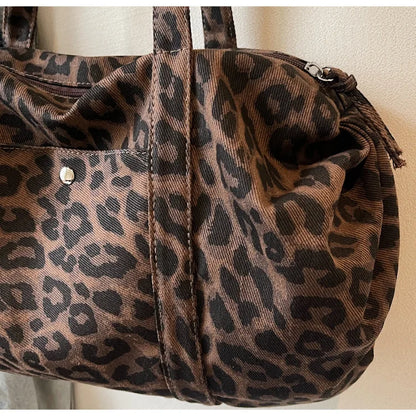 Trendy Leopard Print Canvas Shoulder Bag Large Capacity Fashion Tote Handle Bag for Daily Commute Versatile Texture Storage Bags