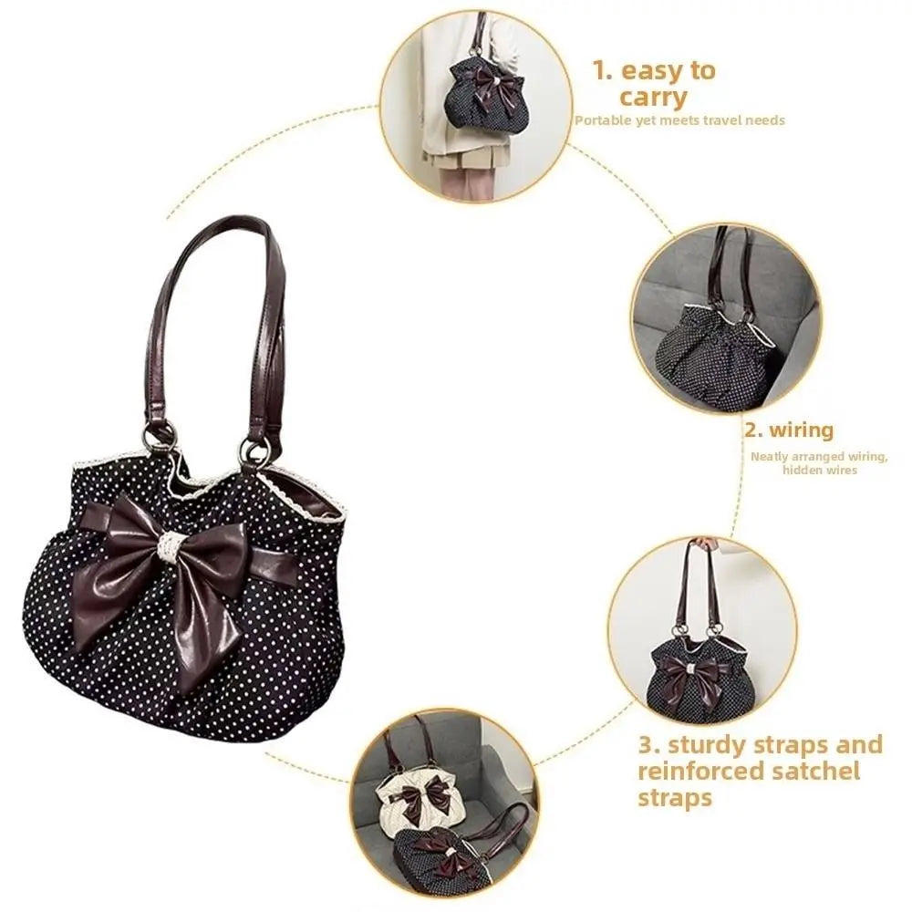 Trendy Vintage Women's Bow Handbag Y2k Casual Chic Lady Shoulder Bags All Match Aesthetic Dot Ins Underarm Bag Streetwear