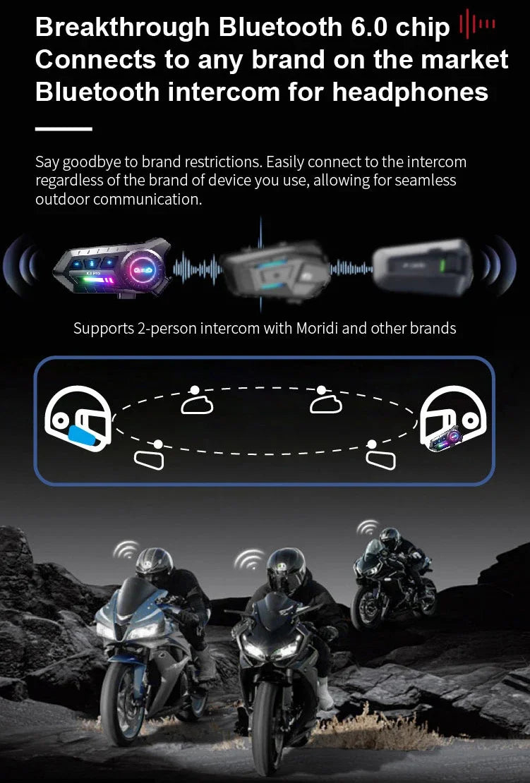 X3 Pro Motorcycle Helmet Bluetooth Headset 2-Riders Intercom 1000M BT6.0 IPX6 Waterproof Voice Assistant NoiseReduction FM Radio