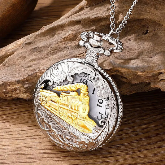 Classic Antique Steam Train Design Pocket Watch with Chain Necklace Vintage Quartz Pendant Watches Clock Chain for Men Women Kid