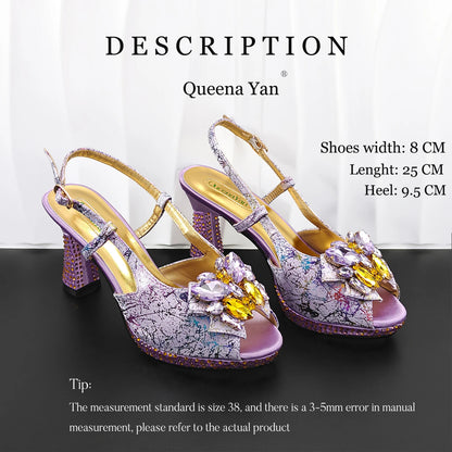 New Arrval Print and Colorful Rhinestone Design Lilac Color Party Wedding Shoes and Essential for Banquets, Exquisite HandBag
