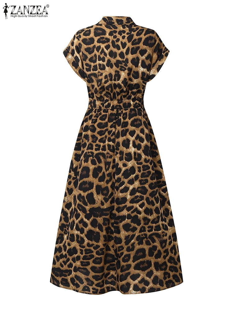 2025 Summer Leopard Print Dresses ZANZEA Women Maxi Long Dress Lapel Neck Short Sleeve Work Vestidos Robe Officewear Sundress
