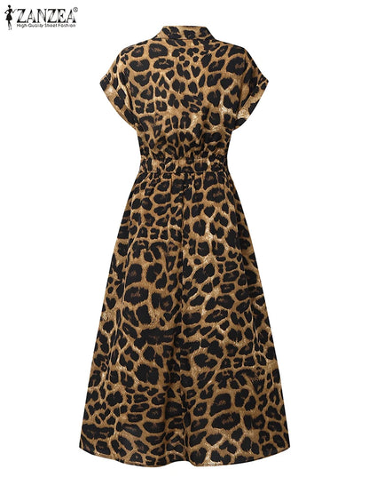 2025 Summer Leopard Print Dresses ZANZEA Women Maxi Long Dress Lapel Neck Short Sleeve Work Vestidos Robe Officewear Sundress