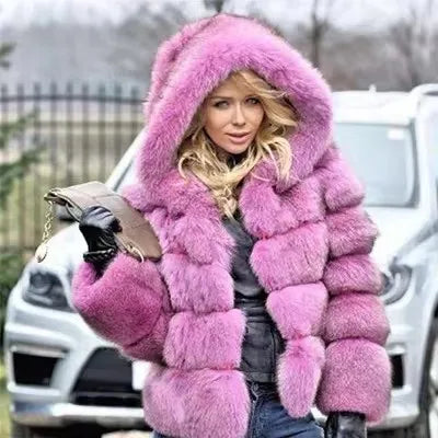 Fashion Winter Women Imitation Fox Fur Jacket Hooded Loose Long Sleeves Female Eco Fur Coat Patchwork Plush Thick Lady Fur Coat