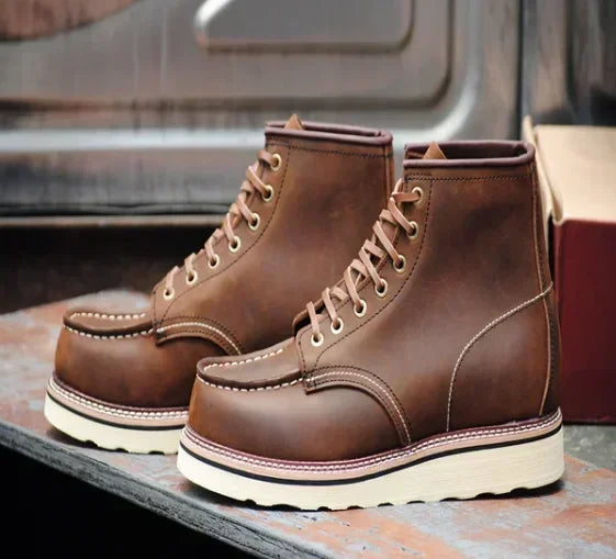 Men's Goodyear-Welted Vintage Genuine Leather Mid-calf Motorcycle Boots Round toe Casual Punk Dress Boots Work Shoes Western Red