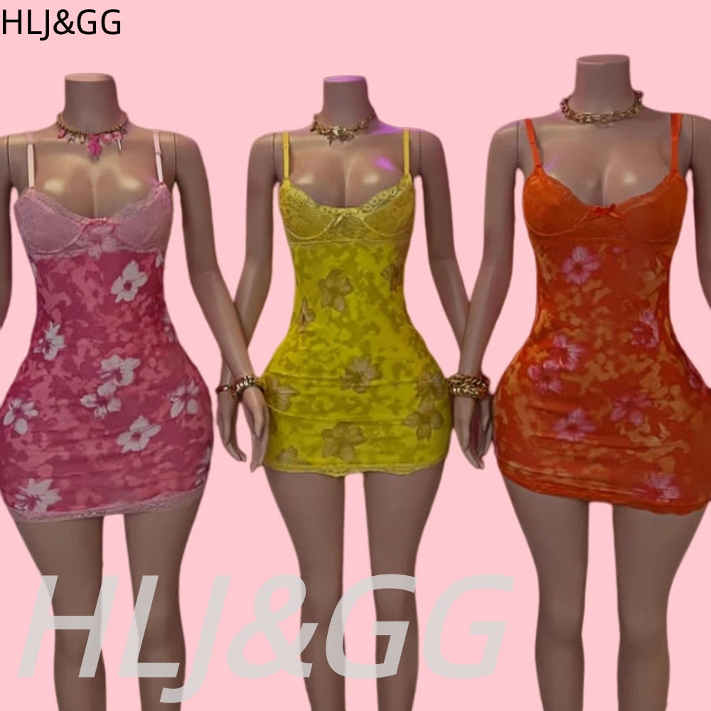 HLJ&GG Sexy Leopard Print Lace Spaghetti Strap Bodycon Mini Dresses Women Sleeveless Backless Slim Vestidos Summer New Clothing