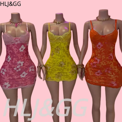 HLJ&GG Sexy Leopard Print Lace Spaghetti Strap Bodycon Mini Dresses Women Sleeveless Backless Slim Vestidos Summer New Clothing