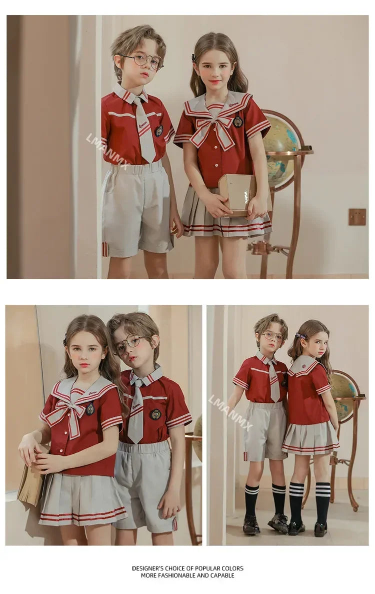 Kid Korean Japanese Striped School Uniform for Girls Boys Sailor Collar T Shirt Pleated Skirt Shorts Bow Clothes Student Outfit