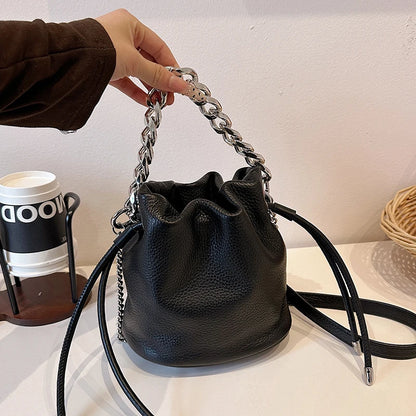 100% Genuine Leather Women Shoulder Crossbody Bags High Quality Solid Color Cow Leather Bucket Handbag Luxury Female Sac