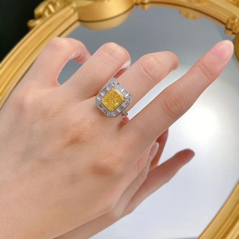 Luxury 18K white Solid Platinum PT950 rectangular yellow diamond ice flower cut 8*10mm moissanite versatile ring for women