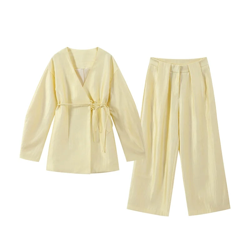 Elegant Women's Lace Up Shirt Pant Sets 2026 Summer V-neck Long Sleeve Top High Waist Loose Wide Leg Pant Two Piece Set Women