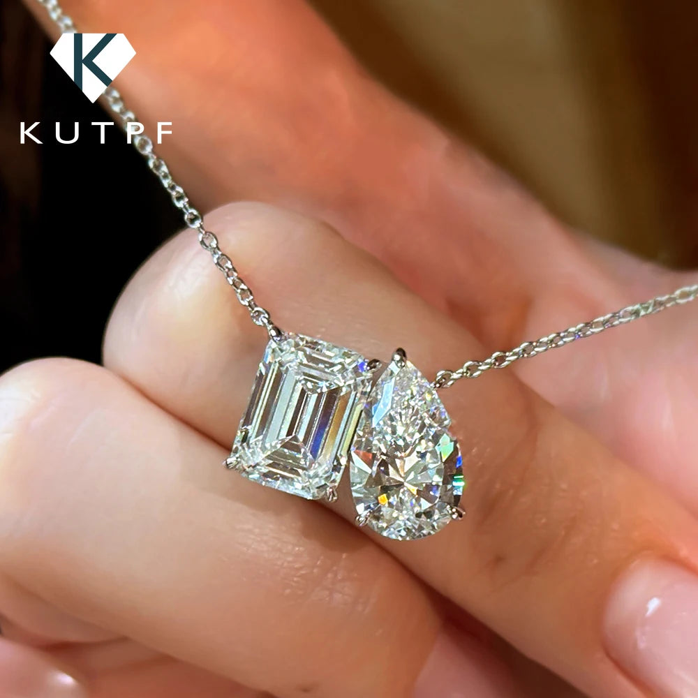 5cttw Radiant/Emerald Pear Cut Moissanite Diamond Pendant Necklace for Women  Certified 925 Silver 2-Stone Clavicle Neckchain