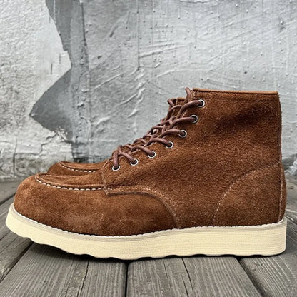 Retro Male Cow Suede Round Toe Hard Wearing Handmade Ankle Boots Leisure Genuine Leather Platform Solid Color Lace-Up Work Shoes