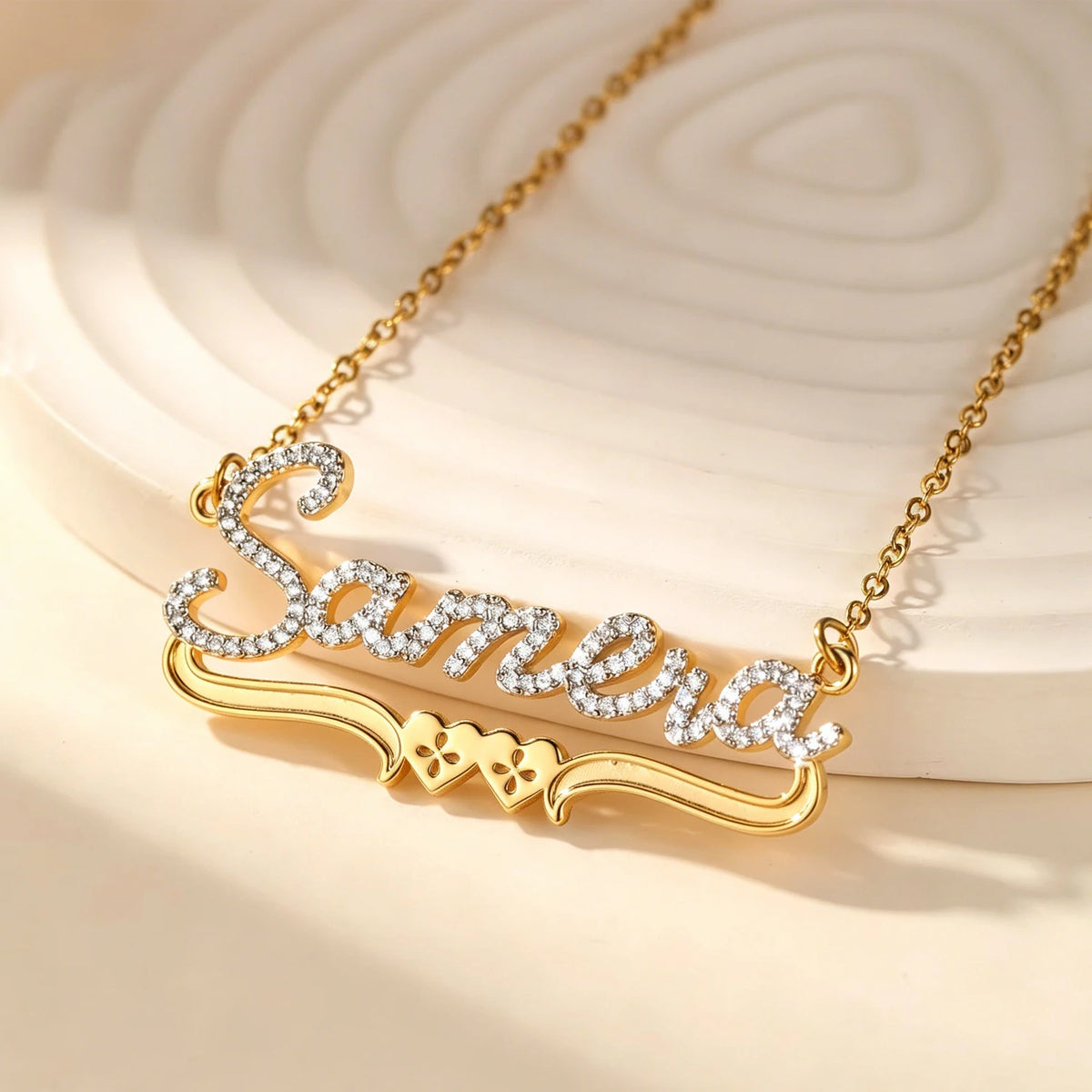 Qitian Personalized Moissanite Name Necklace 925 Sterling Silver 18K Gold Plated Custom Name Pendant Double Heart Design Jewelry