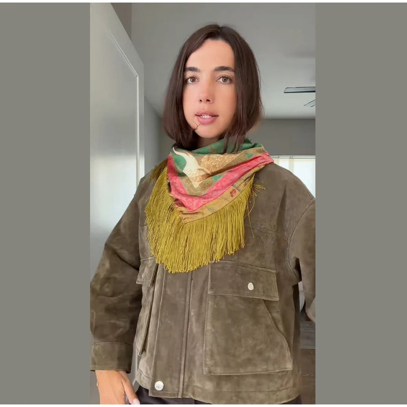 Tassel Floral Women ’s Scarf Large Square Silky Satin Scarf With Olive Fringe Trim Scarf Female 2026 Spring Woman Accessory